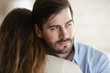 Pensive young man hug wife think of relationship problems