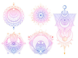 Wall Mural - Vector set of Sacred geometry symbols with moon, sun, eye and arrows on white background. Abstract mystic signs collection.
