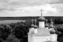 Monochrome Photo. Big Bell Tower And Domes In Russia