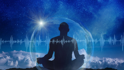 Wall Mural - yoga cosmic space meditation illustration, silhouette of man practicing outdoors at night