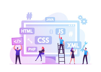 Front End Development Concept. Developers Create Web Interface, Coding and Programming on Computer. Professional Expert Html Data Base Structure, Java Script Code Cartoon Flat Vector Illustration