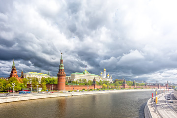 Wall Mural - scenic kremlin in moscow city russia famous russian architecture panorama landmark against stormy weather sky background. Ultra wide panoramic view of moscow cityscape. Ancient town skyline landscape