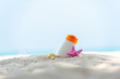 Protective sunscreen or sunblock and sunbath lotion in white plastic bottles with sandals on tropical beach background, summer accessories in holiday.  Summer Concept