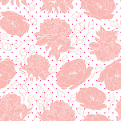 Wall Mural - Pink pastel peony flowers seamless pattern on polka dots