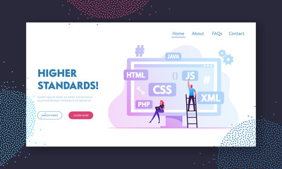 Software Development Website Landing Page. Programmers Make Site, Designer Developer Social Media Wireframe Front End Html Programming, Java Coding Web Page Banner. Cartoon Flat Vector Illustration