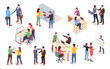 Set of isometric view businessman and businesswoman making deal and presentation. Vector people doing notebook work or computer job, employee at coworking space. Office man and woman