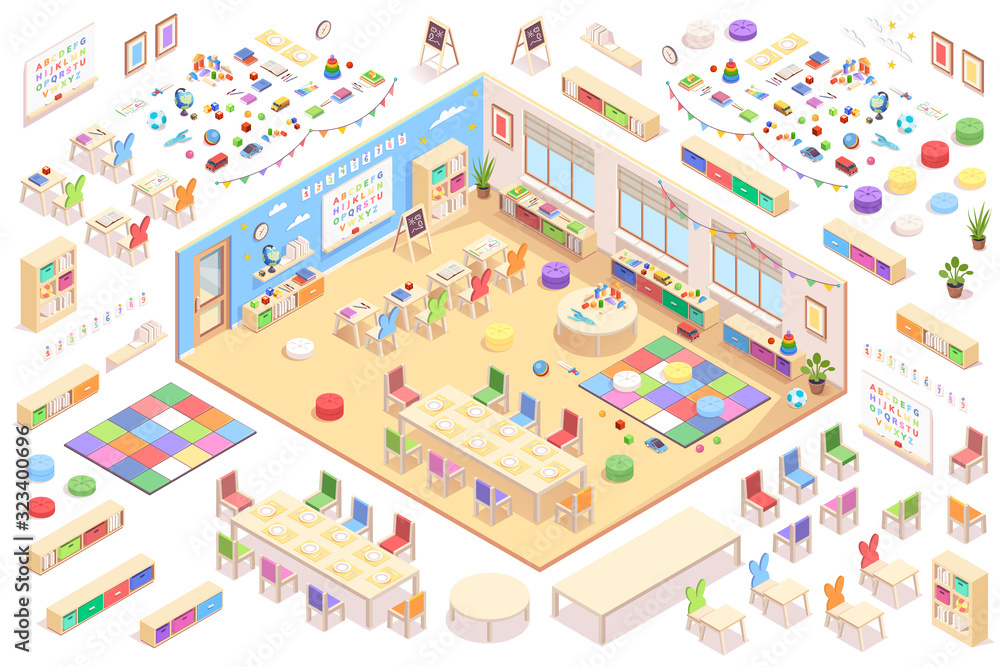 Kindergarten interior constructor, isometric vector elements of ...