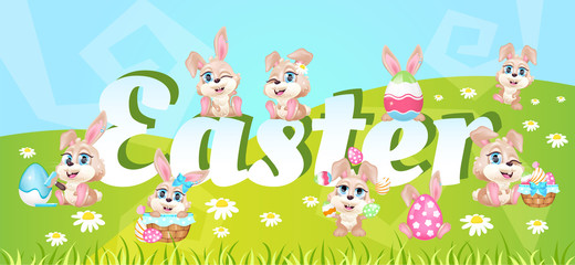 Wall Mural - easter spring holiday word concepts flat color vector banner. adorable rabbits. isolated typography 