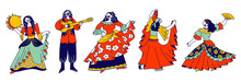 Gypsy Ensemble Dancing And Playing On Musical Instruments. Romany Man With Guitar And Gipsy Women In Beautiful Colorful Dresses Dance With Tambourine And Fan Cartoon Flat Vector Illustration, Line Art