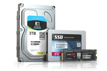 Hard Disk Drive Hdd, Solid State Drive Ssd And Ssd M2 Isolated On White.  Set Of Different Data Storage Devices.