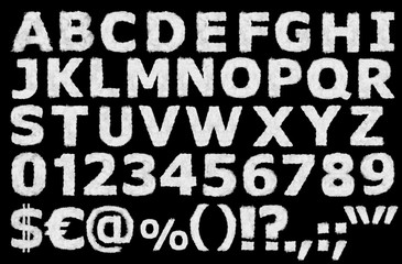 Wall Mural - English alphabet numbers, punctuation and special characters made of clouds on black background ready for mask or blending modes