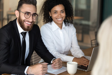 Sticker - Diverse people negotiating focus on team leader arab businessman