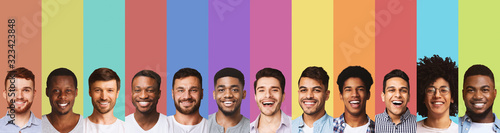 Fotografía Panoramic collage of young guys smiling over colorful backgrounds