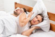 Husband Snoring Bothering Angry Wife Lying In Bed Indoor