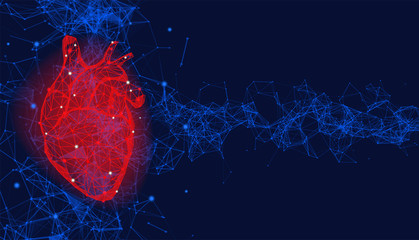 Futuristic medical concept with red human heart. Abstract geometric design with plexus effect on blue background. Healthcare and cardiology banner with copy space.