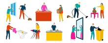 People Doing House Work, Set Of Isolated Cartoon Characters, Household Chores, Vector Illustration. Men And Women Cleaning Apartment, Washing Dishes And Dusting Furniture. Domestic Housework Routine