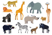 African Animals, Set Of Isolated Cartoon Characters Elephant, Giraffe And Rhino, Vector Illustration. Wildlife Animal Of Africa, Exotic Safari Travel. Lion, Zebra, Gorilla, Antelope And Hyena Isolated