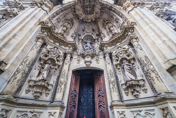 Poster - Close up on a portal of St Mary of Chorus Roman Catholic basilica in historic part of San Sebastian city, Spain