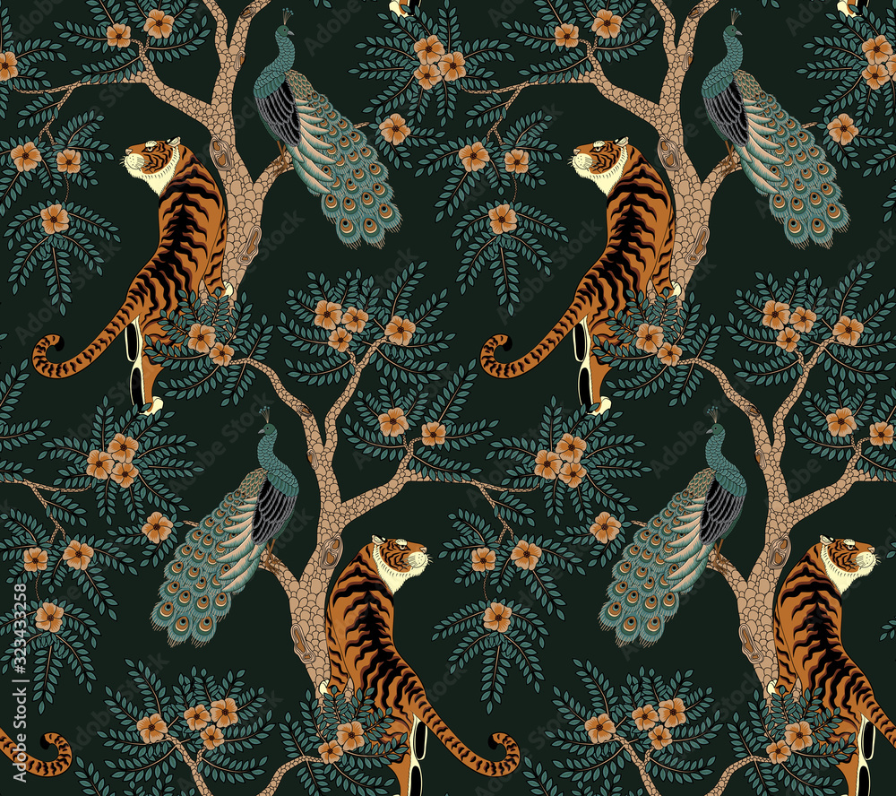 Seamless pattern with tiger and peacock on tree with flowers in asian style - obrazy, fototapety, plakaty 