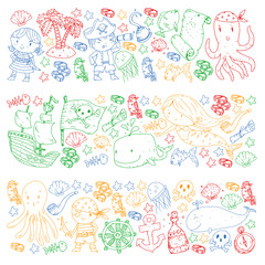 Pirates and mermaids. Vector pattern for little children. Birthday party in sea and ocean style