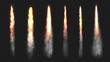 Rocket fire and smoke trails, vector realistic spacecraft startup launch elements. Space rocket launch or startup jet fire flames, airplane shuttle contrails, isolated set on transparent background