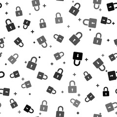 Black Open padlock icon isolated seamless pattern on white background. Opened lock sign. Cyber security concept. Digital data protection. Safety safety. Vector Illustration