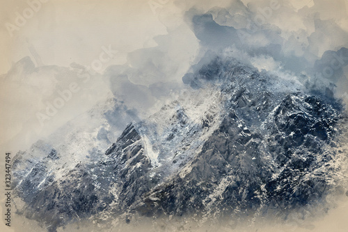 Naklejka na szybę Digital watercolor painting of Stunning detail landscape images of snowcapped Pen Yr Ole Wen mountain in Snowdonia