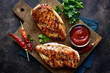 Grilled chicken fillet with spicy ketchup. Top view with copy space.