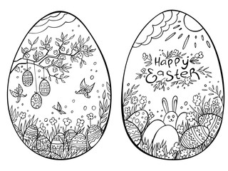 Hand drawn easter egg with doodle ornament and easter rabbit on white background. Lettering Happy Easter. Vector coloring card. Cartoon Egg drawing. Spring holiday card.