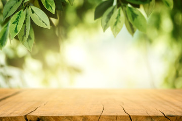 Wall Mural - Wooden table and blurred spring background. Spring concept with green nature outdoor.