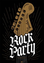 Rock Party Guitar Headstock Vintage Typography Poster. Music Vector Illustration.