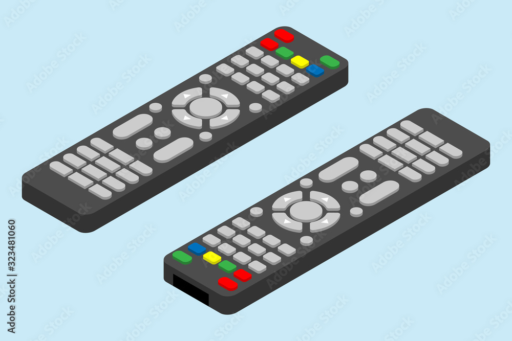 Modern television remote control icon. Isometric angle of tv remote control vector icon for web design isolated on light-blue background. - obrazy, fototapety, plakaty 