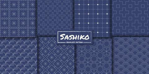 Wall Mural - Japanese sashiko seamless pattern vector collection, Decorative wallpaper.