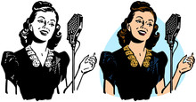 A Woman With A 1940s Hairstyle Performing Into A Microphone. 