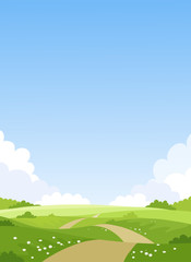 card with a simple landscape, green meadows, blue sky with clouds. spring natural background. summer