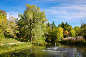 Water fountain  at Toogood Pond Park in Unionville Markham, Ontario, Canada in a beautiful day