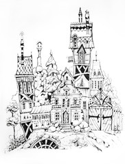 Wall Mural - Collection of ink drawing  houses for concept art inspiration. Magic village, fairy houses, fantasy medieval architecture. Conceptual art. 