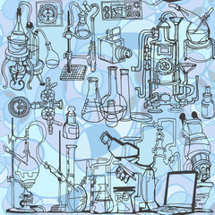 Wall Mural - physics or chemistry abstract illustration with sketch elements featuring parts of decorative lab to