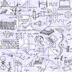 Wall Mural - abstract science or education illustration with decorative formulas, scientific instruments and grap