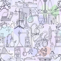 Wall Mural - physics or chemistry abstract illustration with parts of decorative lab tools and diagrams. hand dra