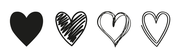 Grunge black hearts on isolated white background. Shape of heart. Black and white illustration