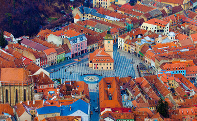 Brasov city center, Council Square. Romania, aerial view