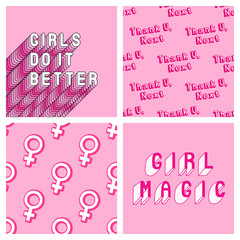 Wall Mural - Feminist vector illustration set. “Girls do it better“ and 