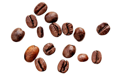 Wall Mural - Fresh roasted coffee beans isolated on white background. Coffeee concept. Flat lay. Top view.