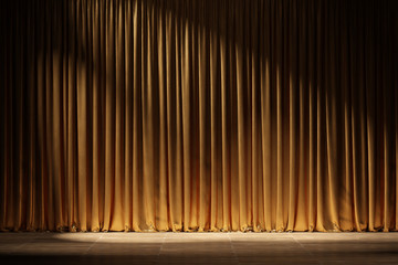 Wall Mural - theater stage with golden curtains and spotlights. 3d illustration