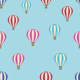 Fototapeta  - Hot air balloon seamless pattern vector background. An illustration with pink, blue and red colors. For children fabric, cloth, backdrop, wallpaper, wrapping paper. Printable eps 10 format.