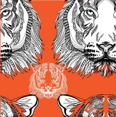 Wall Mural - Seamless pattern with tiger. Doodling, mandala. Drawing manually. Stylish background. A dangerous predator, a noble animal.