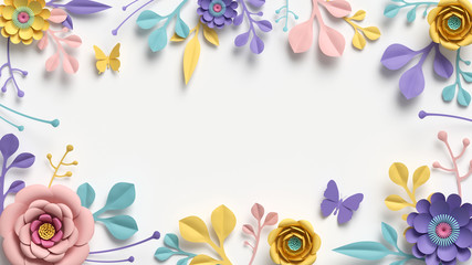 3d render, horizontal floral frame with copy space. Abstract cut paper flowers isolated on white, botanical background. Rose, daisy, dahlia, butterfly, leaves in pastel colors. Modern card template