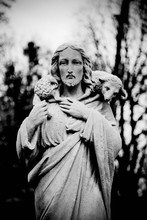 Dramatic White And Black Image Of Antique Statue Of Jesus Christ Good Shepherd