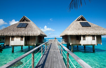 Wall Mural - Wooden walkways over the water of the blue tropical sea to authentic traditional Polynesian thatched roof houses